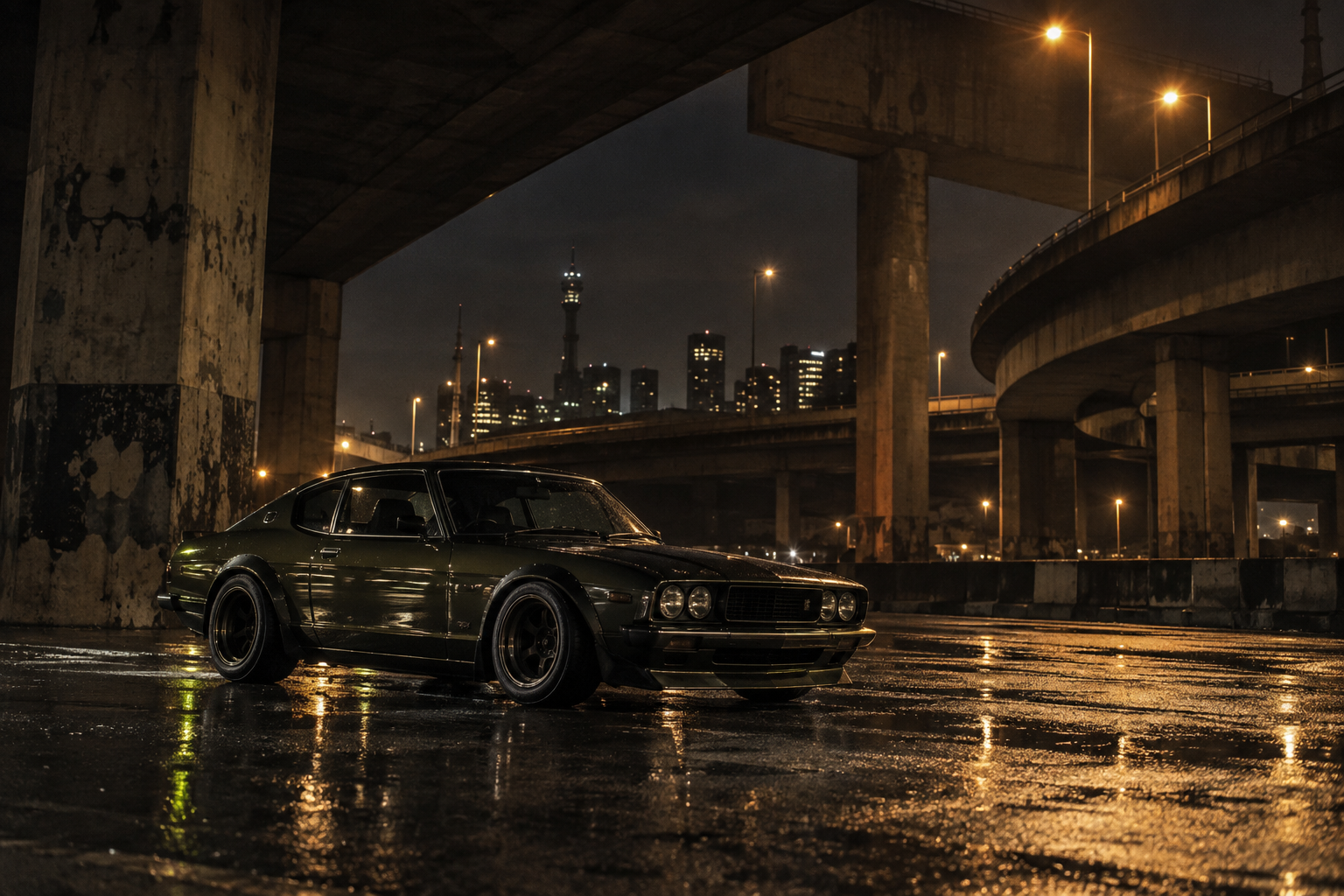 Classic performance car beneath Johannesburg highway lights at night