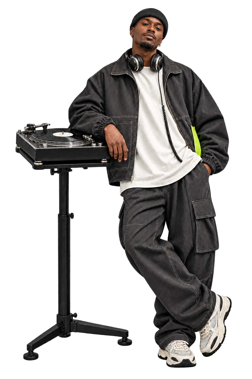 Adult DJ with headphones and turntable
