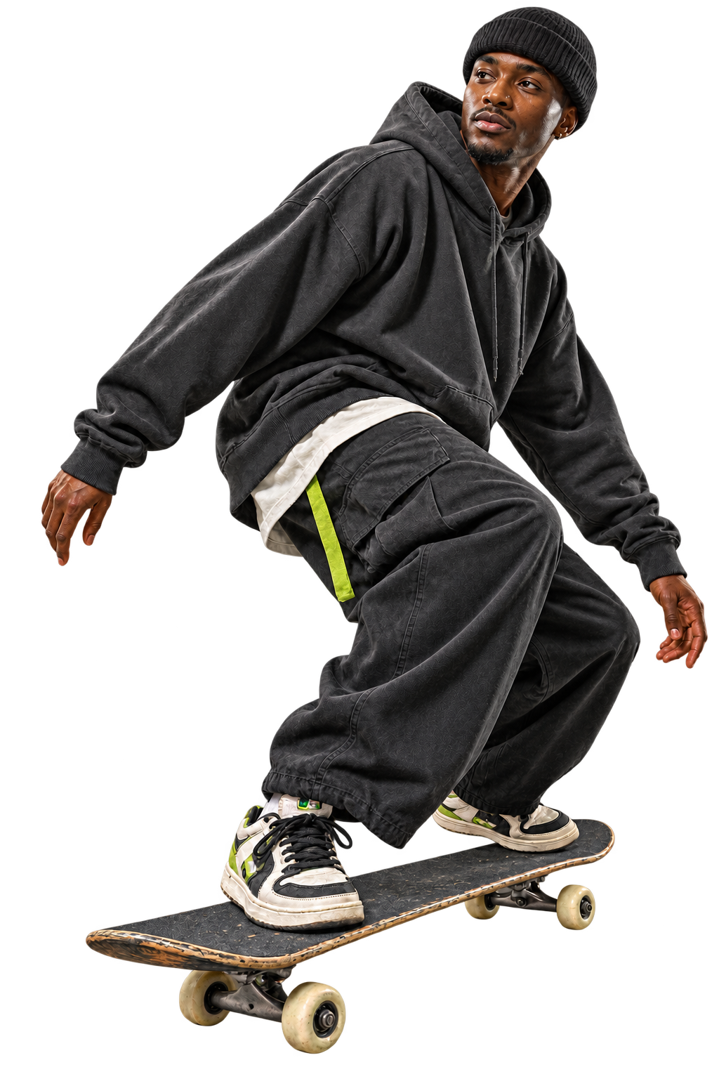 Skater in charcoal streetwear from the Alpha Appeal shop edit